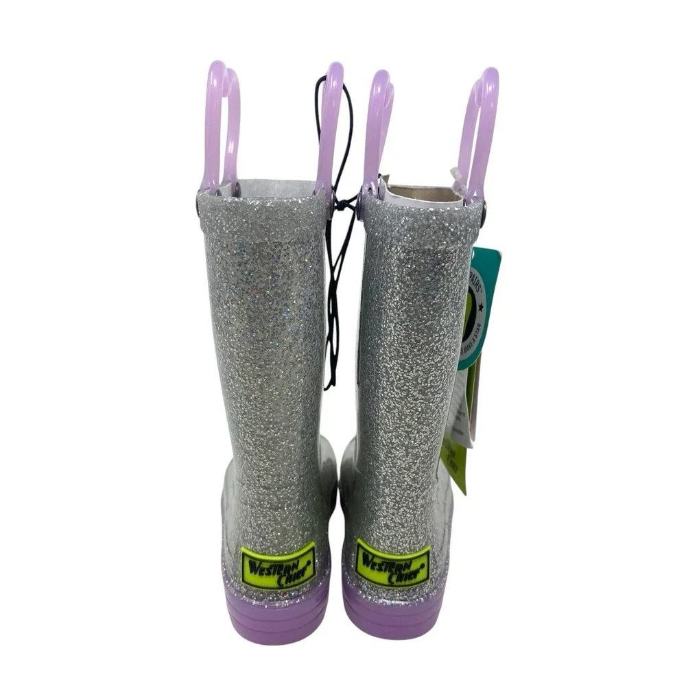 NEW Western Chief Girls Silver Rainbow Glitter Light Up Rainboots Size 6